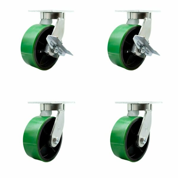 Service Caster 8'' Heavy Duty Green Poly on Cast Iron Caster Set 4 Swivel Locks 2 Brakes, 4PK CRAN-KP92S830-PUR-GB-SLB-BSL-2-BSL-2